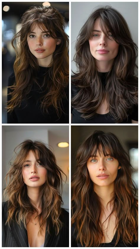 80s Haircut Women Long, Wolf Bangs Long Hair, Soft Bangs Curly Hair, Haircut Woman Long, Haircut For Small Forehead, Soft Wolf Cut Hair Long, Rocker Chic Hair, Medium Hair Haircuts, Bangs For Older Women