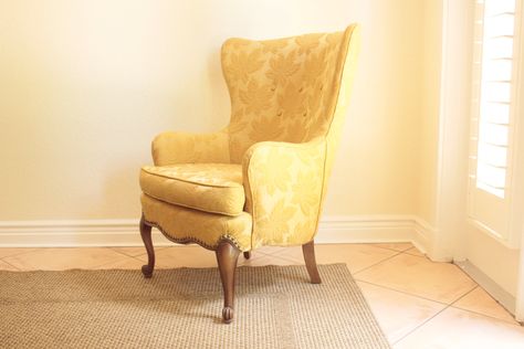 Large Hollywood Regency Wingback Chair // Mid Century // Yellow Curved back Wingback Chair // High Style // Upholstered Armchair – Haute Juice Mid Century Yellow, Chair Mid Century, Wingback Chairs, Traditional Style Homes, Upholstered Armchair, Upholstered Chair, Sleeper Chair, Mid Century Chair, Curved Back