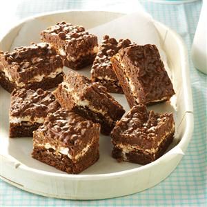 Chocolate Crunch Brownies Recipe -The first time I took these brownies to work, I knew I'd better start making copies of the recipe—they disappeared fast! My husband and kids gobble them up quickly, too. —Pat Mueller, Mitchell, South Dakota Crunch Brownies, Chocolate Crunch, Baking Cocoa, Marshmallow Creme, Peanut Butter Brownies, Chocolate Marshmallows, Best Brownies, Brownies Recipe, S'mores