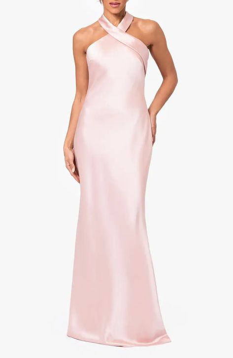 Xscape Evenings Halter Neck Satin Trumpet Gown | Nordstrom Light Pink Bridesmaid Dresses Long, Bridesmaid Dresses Halter Neck, Braids Maid Dresses, High Neck Dress Formal, Dresses Long Elegant, Light Pink Bridesmaid Dresses, Black Tie Wedding Guest Dress, Chic Bridesmaid Dresses, Bridal Party Attire