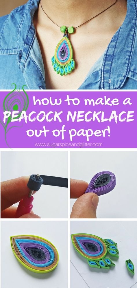 How to make a Quilled Paper Necklace - a fun DIY paper jewlery tutorial using paper quilling Paper Quilling Necklace, Peacock Quilling, Quiling Paper Art, Paper Peacock, Quilling Necklace, Quilling Jewellery, Loom Knitting Tutorial, Paper Necklace, Quilling Projects