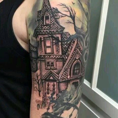 Tattoo Sleeve Themes, Haunted House Tattoo, Halloween Sleeve, Cute Halloween Tattoos, Halloween Tattoos Sleeve, House Tattoo, Tattoos Sleeve, Spooky Tattoos, Detailed Tattoo