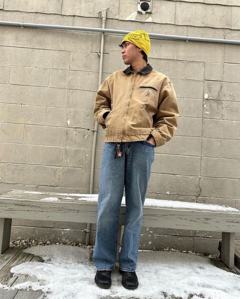 Cream Carhartt Jacket Outfit, Light Brown Carhartt Jacket Outfit, Beige Carhartt Jacket Outfit, Tan Carhartt Jacket Outfit, Brown Jacket Outfit Men, Carhartt Jacket Outfit Men, Khaki Jacket Outfit, Trucker Jacket Outfit, Carhartt Jacket Outfit