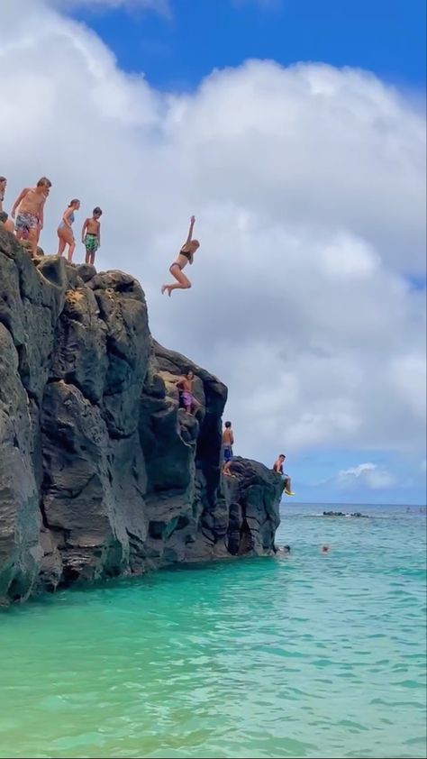 Rock Jumping, Cliff Jumping Aesthetic Friends, Jumping Off A Cliff Aesthetic, Hawaii Girls Trip Aesthetic, Cliff Jumping In Hawaii, Hawaii Ocean, Jump Off Cliff Meme, Cliff Jumping, Hamilton Island