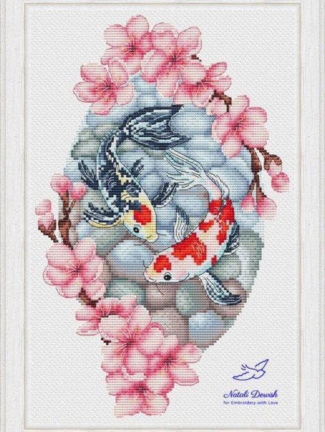 Fish Cross Stitch Patterns Free, Japanese Cross Stitch Patterns, Sakura Cross Stitch, Koi Fish Cross Stitch, Fish Cross Stitch, Cross Stitch Home, Wall Decor Diy, Cross Stitch Beginner, Nursery Cross Stitch