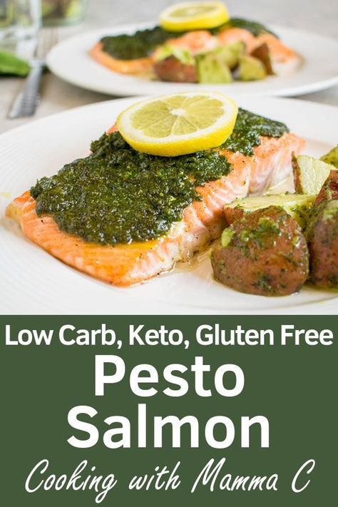 You won't believe how delicious this Pesto Salmon tastes! A fabulous baked salmon recipe that's keto, low carb and gluten free. #pestosalmonrecipes #bakedsalmonrecipes Pesto Salmon Recipes, Pesto Salmon Recipe, Keto Pesto, Scallops Recipes, Gluten Free Pesto, Make Pesto, Baked Salmon Recipe, Cooking Potatoes, Pesto Salmon