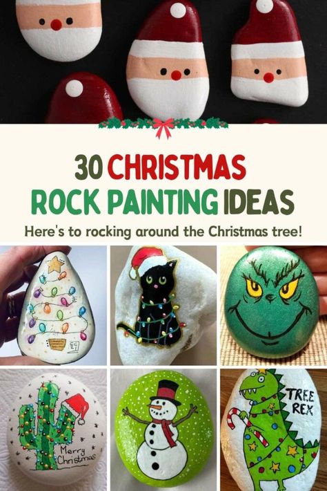 30 Christmas Rock Painting Ideas – Last minute DIY crafts for Christmas decor, gifts and stocking fillers Rock Painting Ideas Christmas Easy, Easy Christmas Rock Painting, Easy Christmas Rock Painting Ideas, Painting Rocks Christmas, Wood Slice Art Christmas Easy, Snowman Rock Painting Ideas, Painted Rocks Christmas Theme, Stocking Painting Ideas, Rock Painting Christmas Ideas