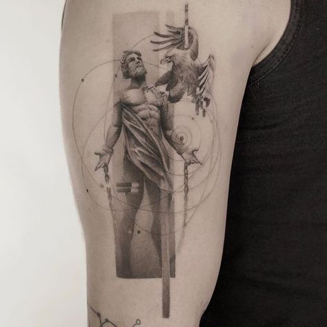 Prometheus Tattoo Greek, Prometheus Tattoo Design, Odysseus Tattoo, Greece Tattoo Mythology, Prometheus Tattoo, Geometric Shape Tattoo, Greece Tattoo, Greek Tattoo, Surreal Tattoo