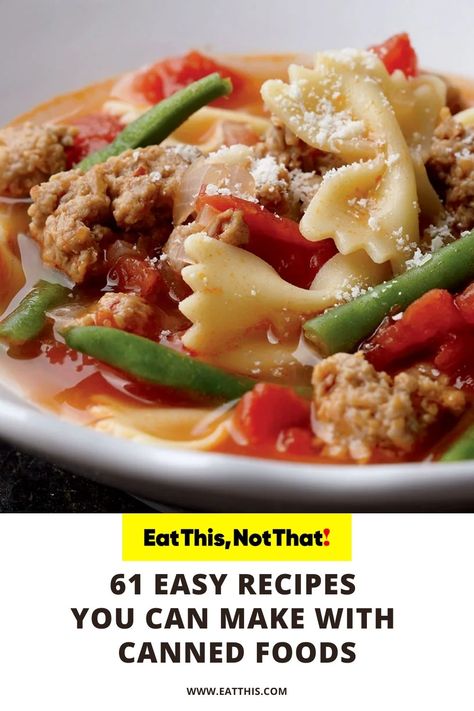 Eat This Not That - Easy Recipes - Canned Food Recipes - Pantry Clean Out - Pantry Recipe - Simple Dinner - Last Minute Meals Can Meals Easy Dinners, Meals Using Canned Food, Pantry Clean Out Meals, A Man A Can A Plan Recipes, Can Food Recipes Easy, Clean Out The Pantry Recipes, Can Meat Recipes, Meals From Canned Food, Canned Vegetables Recipes