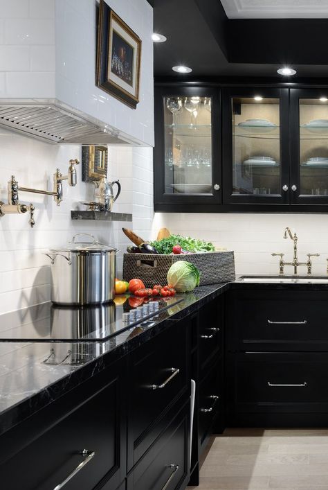 Striking black cabinets with a glossy white backsplash. Black Kitchen Design, Black And White Kitchen, Refacing Kitchen Cabinets, Black Countertops, Black Kitchen Cabinets, Kitchen Cabinet Styles, New Kitchen Cabinets, Modern Kitchen Cabinets, Black Kitchen