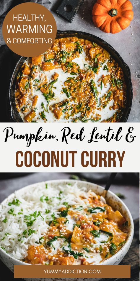 Satisfy your fall comfort food cravings with this healthy Lentil, Pumpkin & Coconut Curry. Packed full of nutritious ingredients and warming spices, this is a dish that is sure to please. #curry Red Lentil Pumpkin Curry, Pumpkin And Lentil Curry, Summer Pumpkin Recipes, Pumpkin Lentil Curry, Pumpkin Curry Indian, Pumpkin Stew Recipes, Thai Bowls, Pumpkin Recipes Vegetarian, Red Lentil Coconut Curry