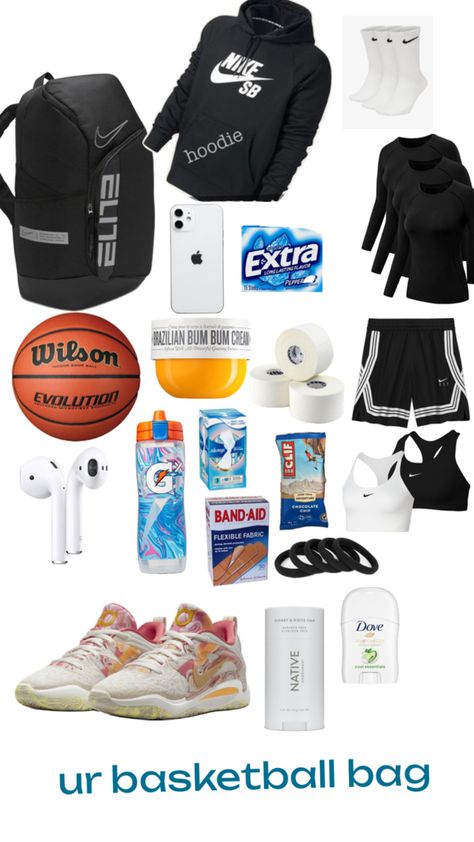 what ur bball bag should look like❤️🏀 Basketball Bag Essentials, Nike Basketball Bag, Sports Bag Essentials, Sporty Girl Aesthetic, Basketball Game Outfit Women, Basketball Shoes Kyrie, Basketball Game Outfit, Basketball Moves, Basketball Bag