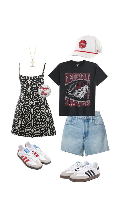 zara dress sambas uga shirt georgia hat jorts uga arch pendant necklace Uga Arch, Uga Gameday Outfit, Uga Gameday, Georgia Hat, Rush Week Outfits, Georgia Dawgs, Couples Outfit, Football Game Outfit, Zara Dress