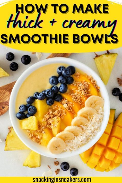 A thick mango smoothie bowl topped with fruit, granola, and coconut. Mango Bowl Recipe, Thick Smoothie Bowls Recipes, Ninja Smoothie Bowl Recipes, Smoothie Bowl Base Recipe, Acia Bowls How To Make, Smoothie King Bowl, How To Make Thick Smoothie Bowls, Mango Smoothie Bowl Recipes, Smothies Bowls Recipe