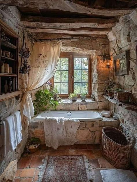 Bathroom Cottagecore, Clawfoot Tub Bathroom, Tub Room, Stone Tub, Bathroom With Tub, Walk In Bath, Stone Bathtub, Cottage Bathroom, Dream Cottage