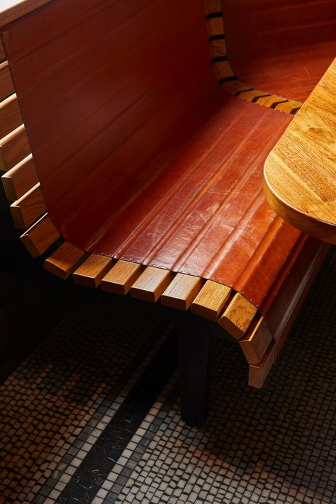 Wood Banquette, Restaurant Banquette, Hifi Bar, Wood Bending, Speakeasy Bar, Wood Bar, Furniture Details, Furniture Upholstery, Leather Projects