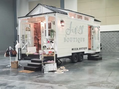 Boutique Retail Tiny House For Sale in Orlando Tiny Home Retail Store, Mobil Boutique Trailer, Boutique Trailer Mobile Shop Baby, House Boutique Ideas, Portable Boutique Trailer, Enclosed Trailer Small Business, Outside Pop Up Shop Ideas, Tiny Home Business, Boutique Open House Ideas