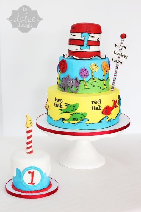 Dr. Seuss Birthday Cake...adorable! Dr Seuss 1st Birthday, Dr Seuss Cake, Doctor Suess Birthday, Dr Seuss Party Ideas, Dr Seuss Birthday Party, Dr Seuss Baby Shower, Dr. Seuss, Seuss Party, Dr Seuss Birthday