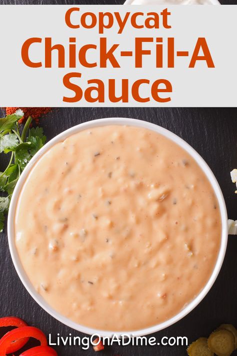 Copycat Chick-Fil-A Sauce Recipe Copycat Sauce Recipes, Chick Fil A Chicken Sandwich Recipe, Chick Fil A Sauce Recipe, Copycat Chick Fil A Sauce, Chicken Sandwich Sauce, Living On A Dime, Burger Sauces Recipe, Copycat Chick Fil A, Chick Fil A Sauce