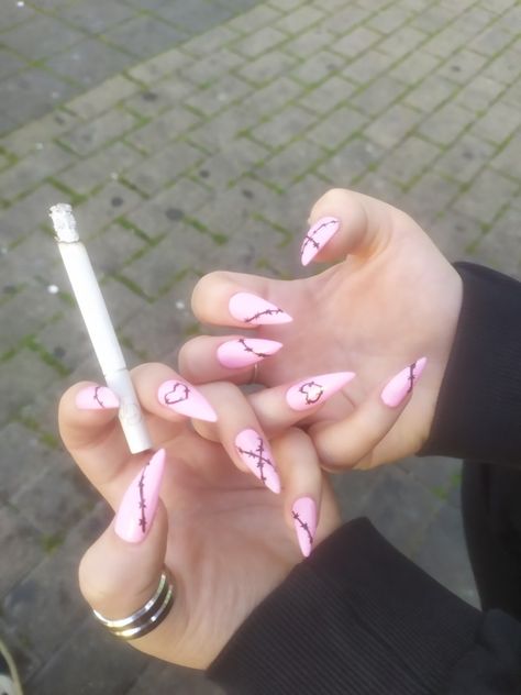 Barb Wire Nails, Barbed Wire Nails, Egirl Nails, Pink Alt, Wire Nails, Barb Wire, Almond Nail, Barbed Wire, Spa Day