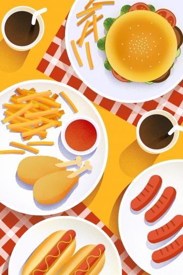 French Fry Illustration, Fast Food Illustration, American Burger, Dog Sausage, Food Illustration Design, American Fast Food, 귀여운 음식 그림, Food Banner, Food Illustration Art