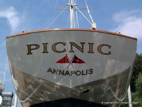 Gold Leaf Boat Name - Picnic on http://www.designsandsignsonline.com/gold-leaf-boat-name-picnic/ Boat Lettering, Best Boat Names, Unique Boat Names, Boat Logo Design Inspiration, Sailboat Names, Boat Rental Logo, Cool Boat Names, Gold Leaf Signs, Century Boats