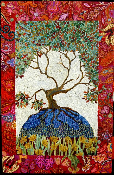 floral in reds and purple, Tree of life, Earth Gaia Tree of Wisdom, floral tree, flower abstract, painting by Kara Michael Freeman Tree Of Life Watercolor Paintings, Tree Of Life Painting Ideas, Apple Tree Drawing, Peepal Tree, Flower Abstract Painting, Tree Of Wisdom, Alchemical Symbols, Famous Trees, Tree Of Life Painting