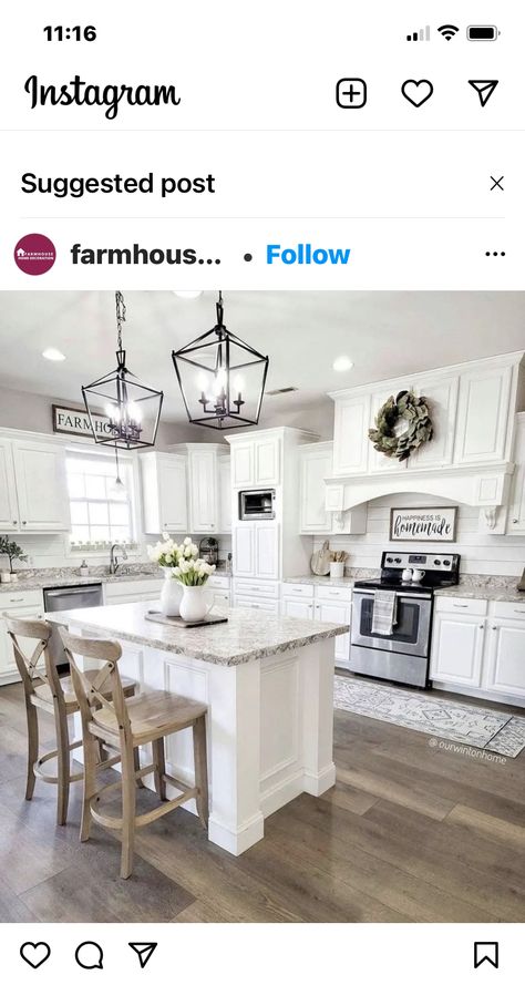 Floors With White Cabinets, White Cabinets And White Countertops, White Kitchen Farmhouse, Open Floor Kitchen, Farmhouse Floors, House Ideas Decor, Farmhouse Flooring, Diy Kitchen Renovation, House Remodeling