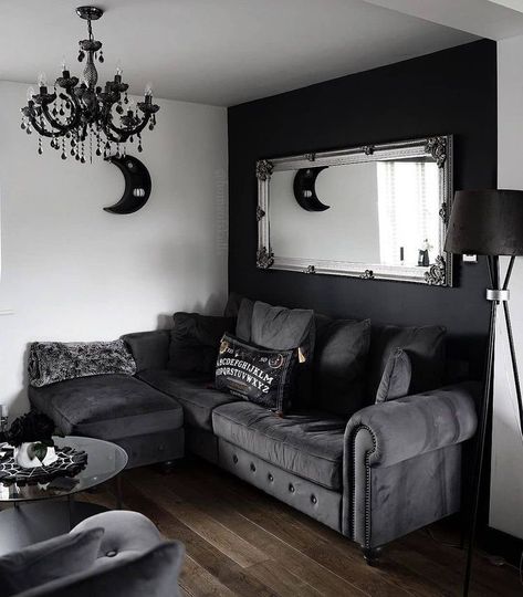 Goth Living Room, Dark Maximalism, Gothic Living Room, Living Arrangements, Gothic Decor Bedroom, Dark Living Rooms, Black And White Living Room, Dark Home Decor, Goth Home Decor