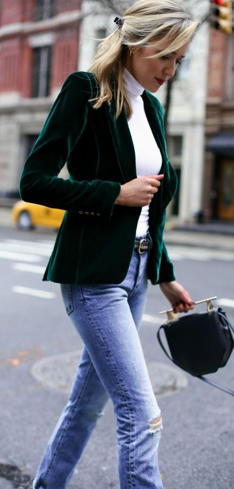 Yes, You Can Pull Off a Velvet Hair Bow | Cupcakes & Cashmere Velvet Blazer Outfit, Green Velvet Blazer, Blazer Outfits For Women, Blazer Outfit, Velvet Hair, Green Blazer, Outfit Jeans, Velvet Blazer, Velvet Fashion