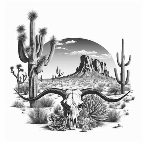 a black and white illustration of a desert scene with cactus trees and a bull skull generative ai Desert Themed Tattoos, Arizona Desert Tattoo, Western Scene Tattoo, Ign Ideas, Bull Skull Drawing, Desert Tattoo Ideas, Ink Reference, Cowboy Illustration, Cow Skull Tattoos