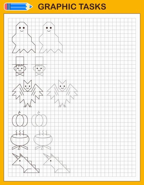 Graphic tasks. Educational game for preschool children. Worksheets for practicing logic and motor skills. Halloween set for kids. Vector. Children Worksheets, Game For Preschool, Logic Games, Kids Vector, Kids Set, Lettering Quotes, Math For Kids, Preschool Kids, Educational Games