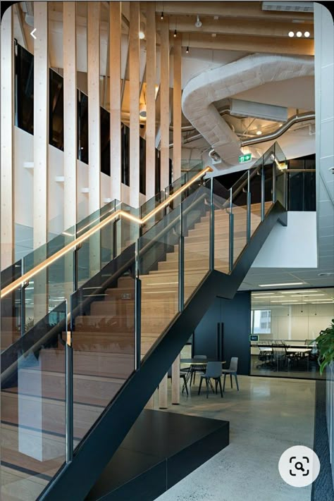 Commercial Staircase Design, Modern Banister, Commercial Stairs, Modern Stair Railing, Corporate Interior Design, Industrial Office Design, Building Stairs, Flooring For Stairs, Entry Stairs