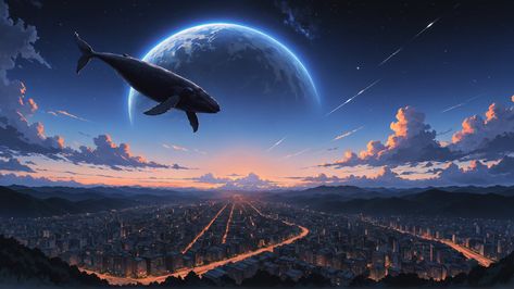 desktop wallpaper, hd wallpaper,  landscape, fantasy wall art, outdoors, whale, city, planet, night, clouds, fantasy art, anime aesthetic, fantasy enviroment, Fantasy Desktop Wallpaper Hd, Fantasy Landscape Wallpaper Desktop, Clouds Fantasy Art, Hd Wallpaper Landscape, Night Sky Hd, City Planet, Landscapes Wallpaper, Night Anime, Night Clouds