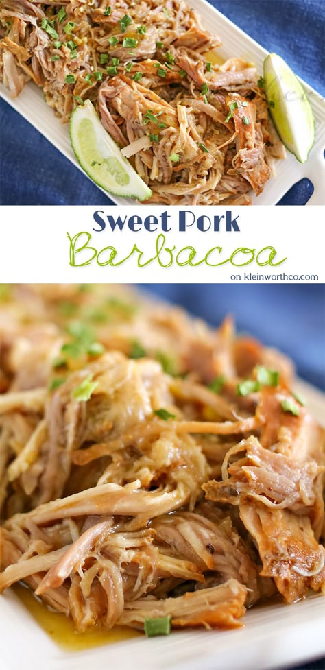 Sweet Pork Barbacoa :Easy Family Dinner Ideas - Some of the best Easy Family Dinner Ideas start in the slow cooker. Sweet Pork Barbacoa is my all time favorite food!! If you love Cafe Rio’s pork, you’ll love this recipe. It’s beyond easy to make & incredibly DELICIOUS! on kleinworthco.com Sweet Pork Barbacoa, Barbacoa Pork, Crockpot Barbacoa, Pork Barbacoa, Tacos Dinner, Easy Family Dinner Ideas, Fiesta Recipes, Dinner Crockpot, Cafe Rio