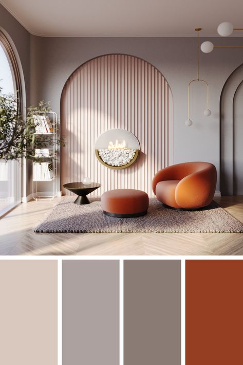 Greige - grey and beige colour palette living room with dusty orange as an accent color Interior palette, living room palette, living room design Beige Color Palette Living Room, Colour Palette Living Room, Palette Living Room, Beige Colour Palette, Colour Combinations Interior, Living Room Color Combination, Color Palette Interior Design, Room Color Combination, Wall Color Combination