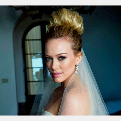 Hilary duff wedding hair Hilary Duff Wedding Dress, High Bun Wedding, Wedding Bun, Celebrity Bride, Diy Wedding Hair, Hillary Duff, Wedding Hair Ideas, High Bun, Wedding Makeup Looks