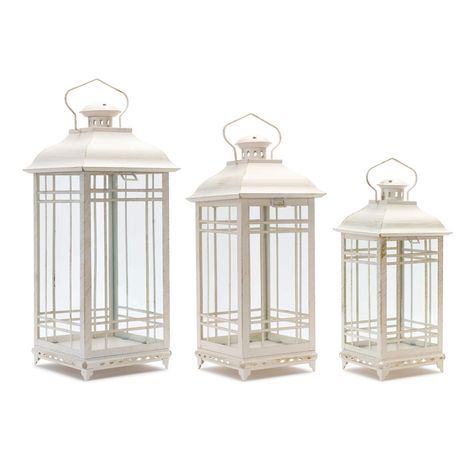 Metal & Glass Lantern Set, 13.25", 16.25" & 19.25" | Michaels Coloured Pillar Candles, Diy Floral Arrangements, Metal Candle Lanterns, Decorative Lanterns, 2 Candle, White Lanterns, Lantern Candle Decor, Lantern Set, Floral Arrangements Diy