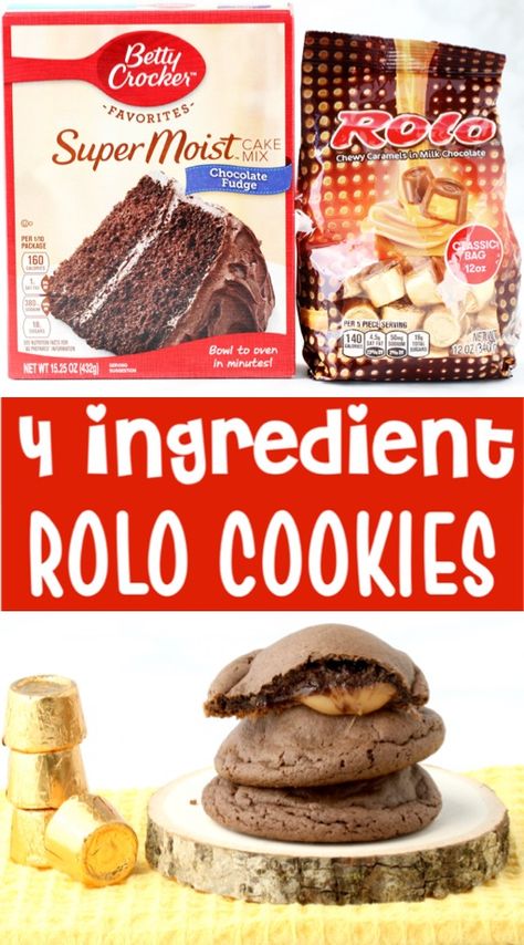 Rolo Cookies Recipe! {Just 4 Ingredients} - The Frugal Girls Chocolate Cake Mix Rolo Cookies, Cake Mix Rolo Cookies, Rolo Cake Mix Cookies, Fall Cookies Recipes, Rolo Cookies Recipe, Rollo Cookies, Cookies Recipes Easy, Candy Cookies Recipes, Rolo Cookies