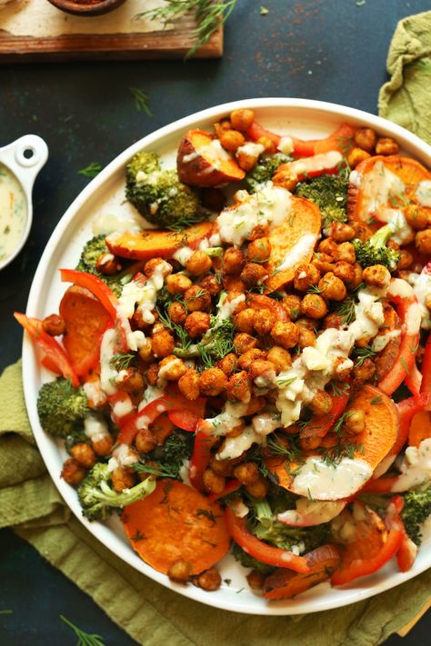 Sweet Potato Chickpea Salad, Garlic Dill Sauce, Broccoli Sweet Potato, Potato Chickpea, Dill Sauce, Salad With Sweet Potato, Roasted Broccoli, Chickpea Salad, Vegan Dinners