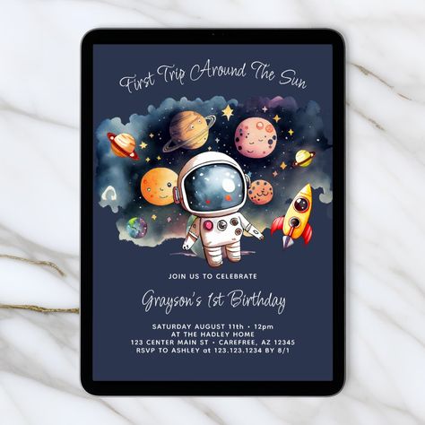 Outerspace Planets Blue First Birthday Invitation Astronaut Birthday, 4 Birthday, Foam Boards, 2nd Birthday Invitations, Boy Birthday Invitations, Create Invitations, 1st Birthday Invitations, First Birthday Invitations, Boy First Birthday