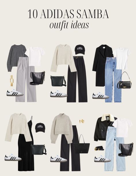 Outfits To Go With Adidas Sambas, Black And White Minimalist Outfit, Black Hokas Outfit, Outfits With Sambas For School, Adidas Samba With Leggings, Sambas With Dress Outfit, Samba Fall Outfit, Sambas Fall Outfits, Fall Samba Outfit