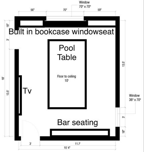 If there is enough room on the empty 18 ft wall perhaps a small game table woth two chairs or a small seating element. This is not to scale the pool table is much narrower than the window Small Room Pool Table Ideas, Game Table In Front Of Window, Small Pool Table Room, Bloxburg Pool Table, Small Pool Table Room Ideas, Small Game Table, Pool Table Decor, Small Pool Table, Game Room Layout