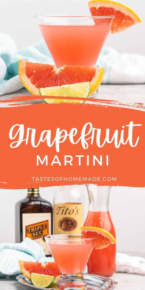 The grapefruit martini is a flavourful citrus cocktail made with a blend of grapefruit juice, vodka, orange liqueur, and lime juice. This martini is perfect for those who love bold flavours that are tart, with just a touch of sweetness. Summer Martini Recipes, Grapefruit Juice Cocktail, Mom Drinks, Grapefruit Cocktail Recipes, Grapefruit Martini, Vodka Orange, Citrus Cocktail, Adult Beverages Recipes, Grapefruit Cocktail