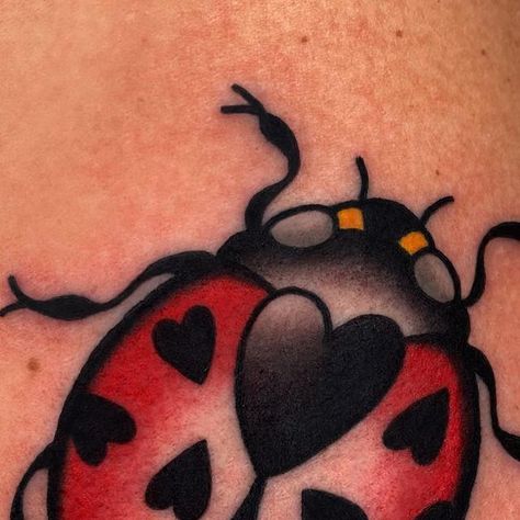 Ladybug Tattoo Traditional, American Traditional Ladybug, Traditional Ladybug Tattoo, Ladybug Tattoo, Amsterdam Tattoo, Lady Bug Tattoo, Bug Tattoo, Insect Tattoo, March 21