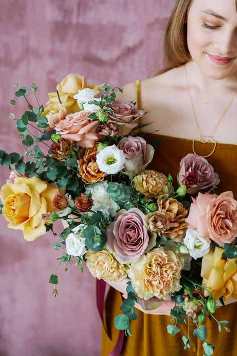 Mustard And Blush Wedding, Mustard And Mauve Wedding, Diy Budget Wedding, Mauve And Mustard, Flower Thoughts, Large Bridal Bouquet, Mauve Wedding Colors, Marigold Wedding, Mustard Wedding