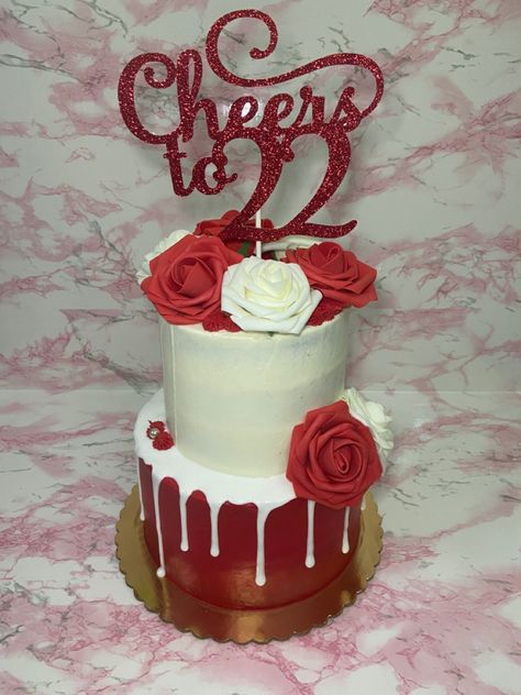 2 Tier Birthday Cake, White Chocolate Drip, Tier Birthday Cake, 90th Birthday Cakes, Red Birthday Party, Tiered Cakes Birthday, 2 Tier Cake, Red Birthday, Chocolate Drip