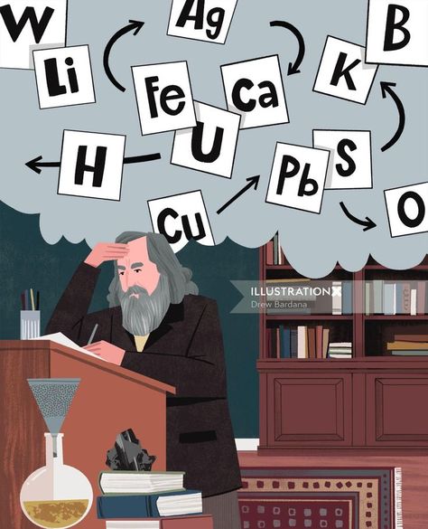 Dmitri Mendeleev organizing the Periodic Table elements. Mendeleev Table, Periodic Table Art, Dmitri Mendeleev, Table Illustration, Periodic Table Elements, Table Elements, Relationship Goals Text, The Periodic Table, Truth And Lies