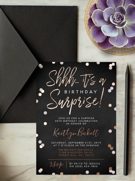 Shhh... Surprise Birthday Party Confetti & Real Foil Invitation These chic and very stylish surprise Birthday party invitations features elegant real foil pressed confetti theme with modern typography that is great for any age. Surprise Birthday Party Ideas, Confetti Theme, Surprise 30th Birthday, Surprise Birthday Invitations, Surprise Birthday Party, Party Confetti, 27th Birthday, Foil Invitations, Birthday Surprise Party