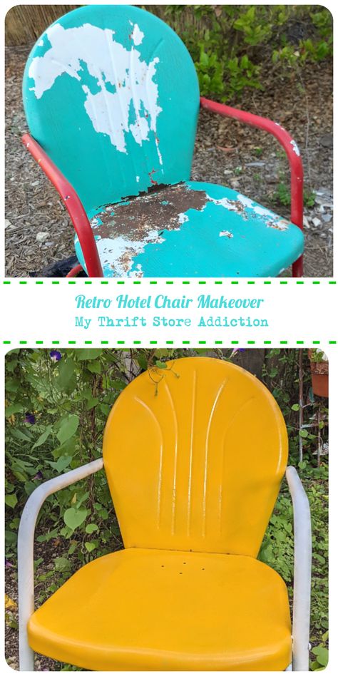 How to makeover retro metal lawn chairs Painted Metal Chairs Ideas, Metal Lawn Chair Makeover, Retro Chair Makeover, Remove Paint From Metal, Patio Chairs Makeover, Old Metal Chairs, Painted Metal Chairs, Metal Lawn Chairs, Vintage Metal Chairs